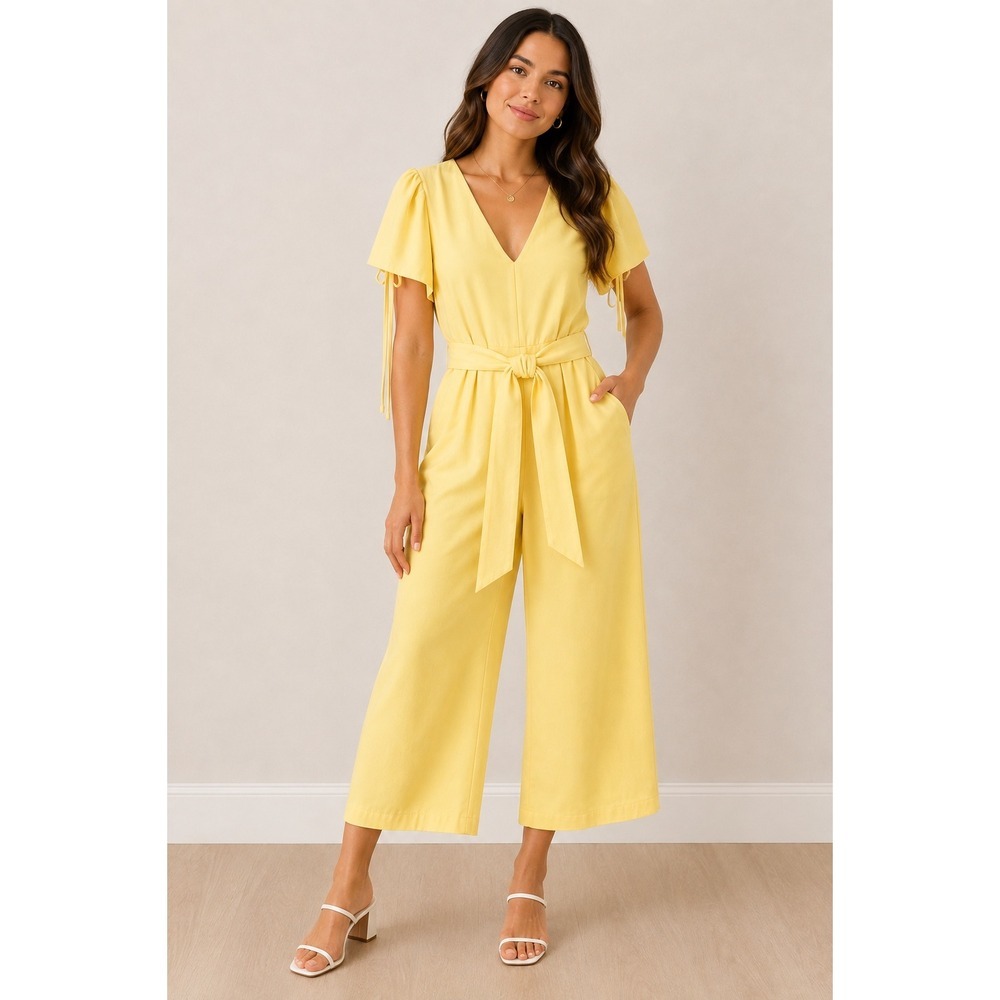 Antonio Melani Jumpsuit Women 8 Yellow Excellent Puff Sleeve Wide Leg V-Neck